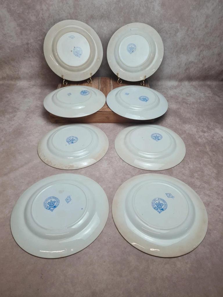 Assiettes terre de fer anglaises 1872 💙 Émile Bourgeois Grand Dépôt Paris – décor bleu rare – lot 8