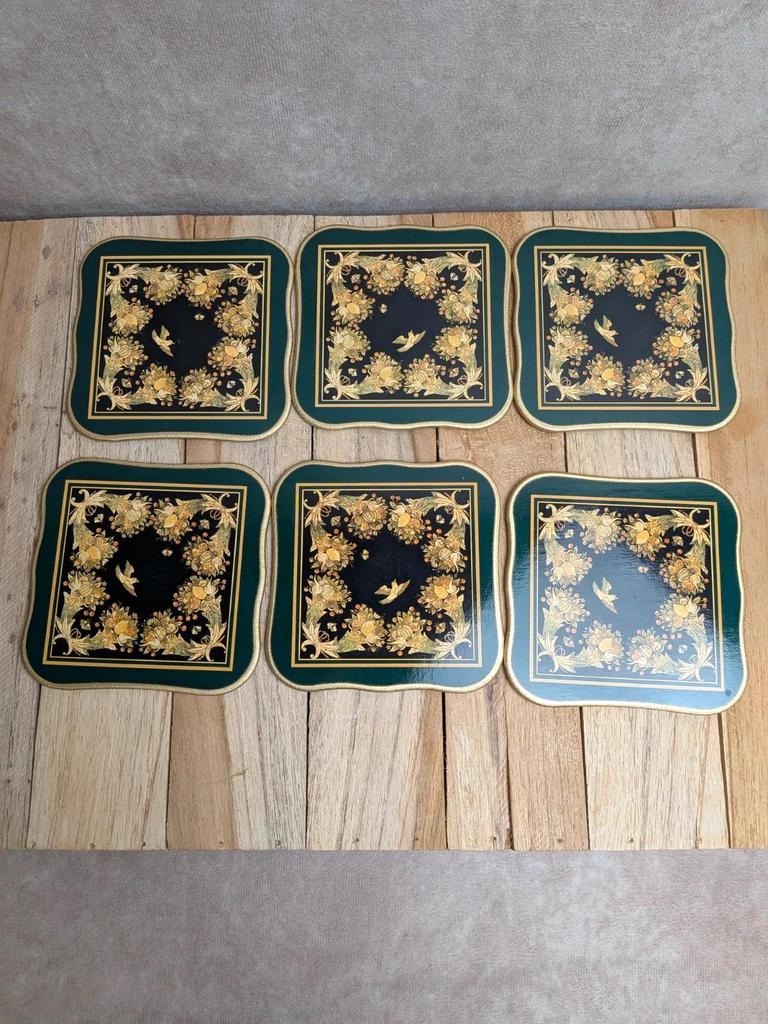 Lot de 6 sous-verres Cloverleaf England – Décor floral doré – Vintage
