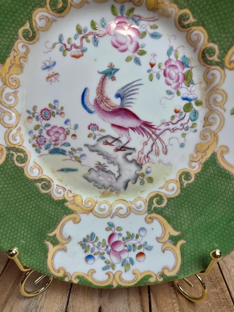 Plat à gâteau Mintons Green Cockatrice 4863 – Porcelaine anglaise ancienne