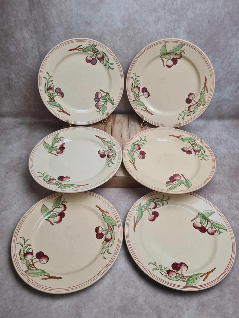 Lot de 6 assiettes plates Boch La Louvière Belgique modèle 2460 décor cerises polychrome