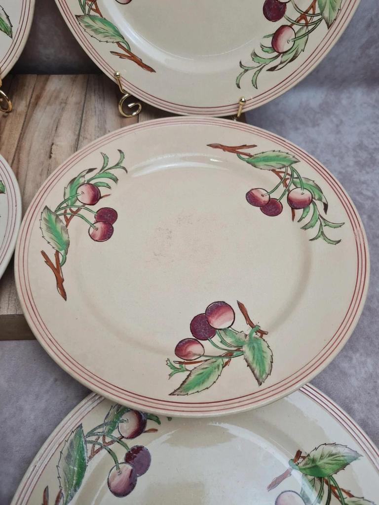 Lot de 6 assiettes plates Boch La Louvière Belgique modèle 2460 décor cerises polychrome