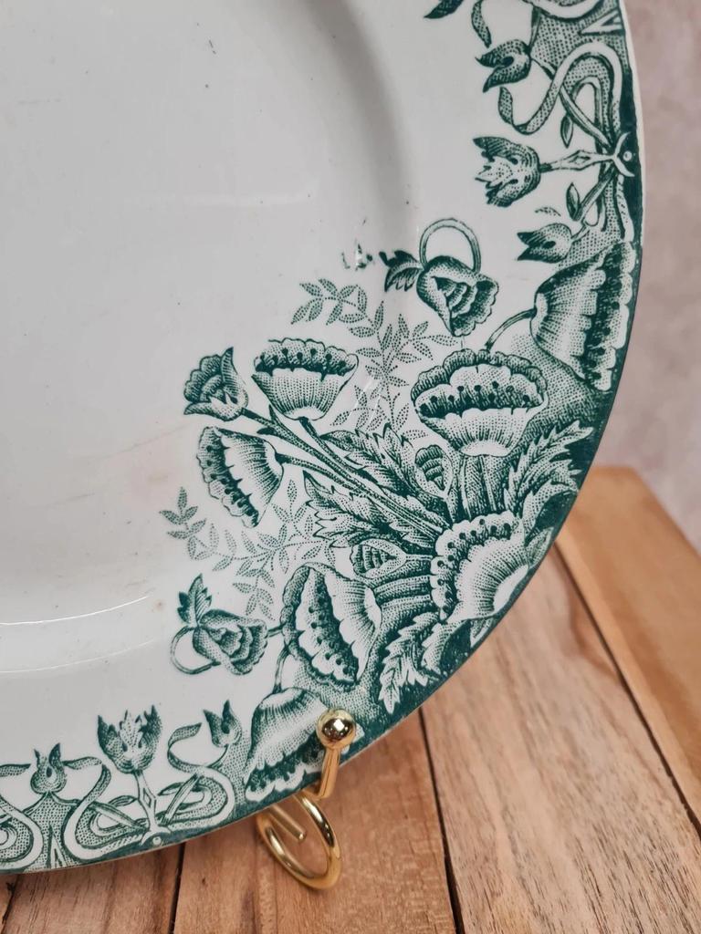 Assiette plate ancienne Terre de fer A. Lebacqz & M. Bouchard – décor Floral vert 💚