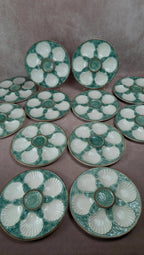 Service 12 assiettes à huîtres + grand plat Longchamp majolique vert coquillage vintage