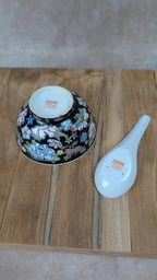 Bol et cuillère chinoise en porcelaine – décor floral noir