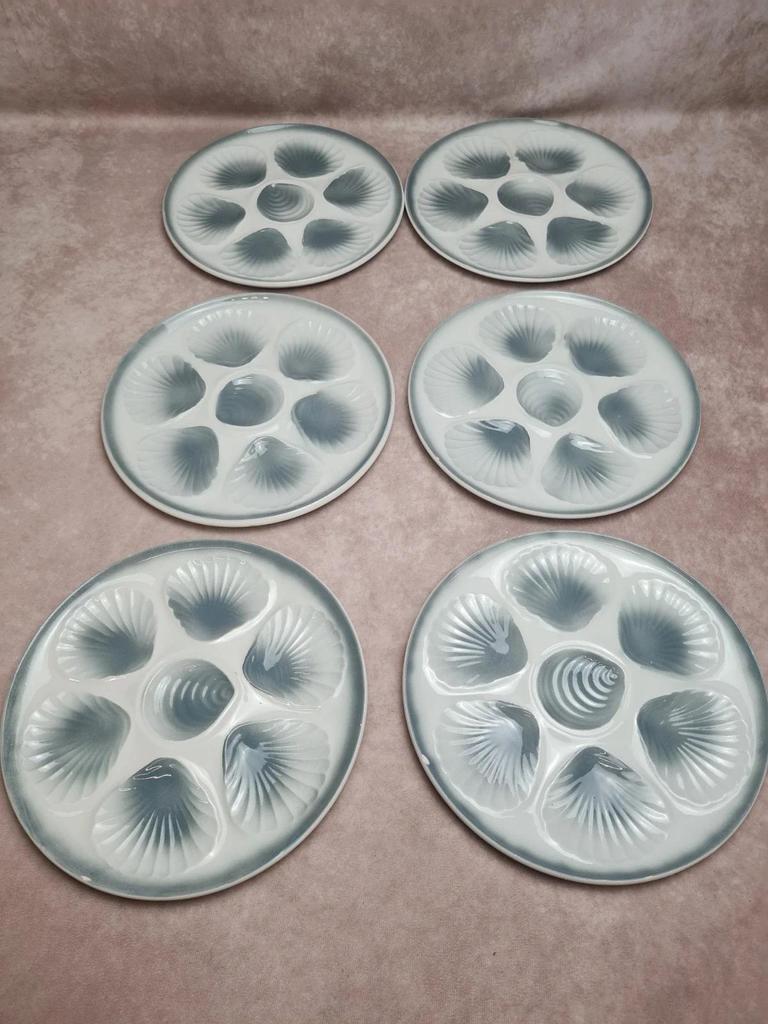 Lot 12 assiettes à huîtres + plat Moulin des Loups – service ancien bleu gris 🌊🦪