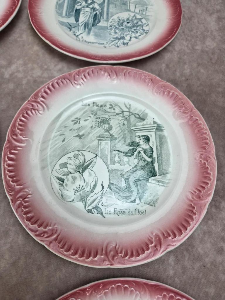 Série complète 12 assiettes parlantes Digoin Sarreguemines, terre de fer, Les Fleurs vintage