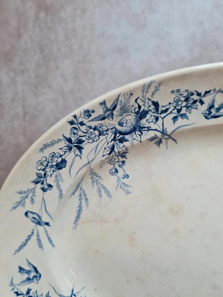 Grand plat ovale Terre de Fer Creil & Montereau Linotte bleu, décor oiseaux ancien