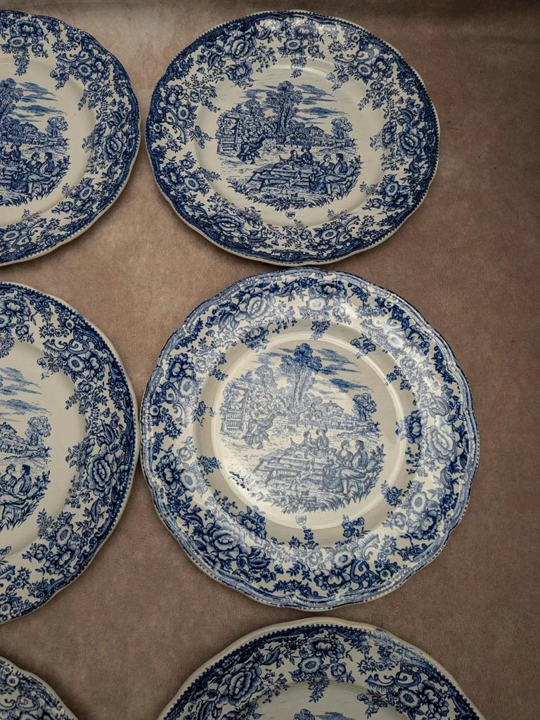 Lot de 12 assiettes plates Terre de fer Bp – Décor bleu toile de Jouy