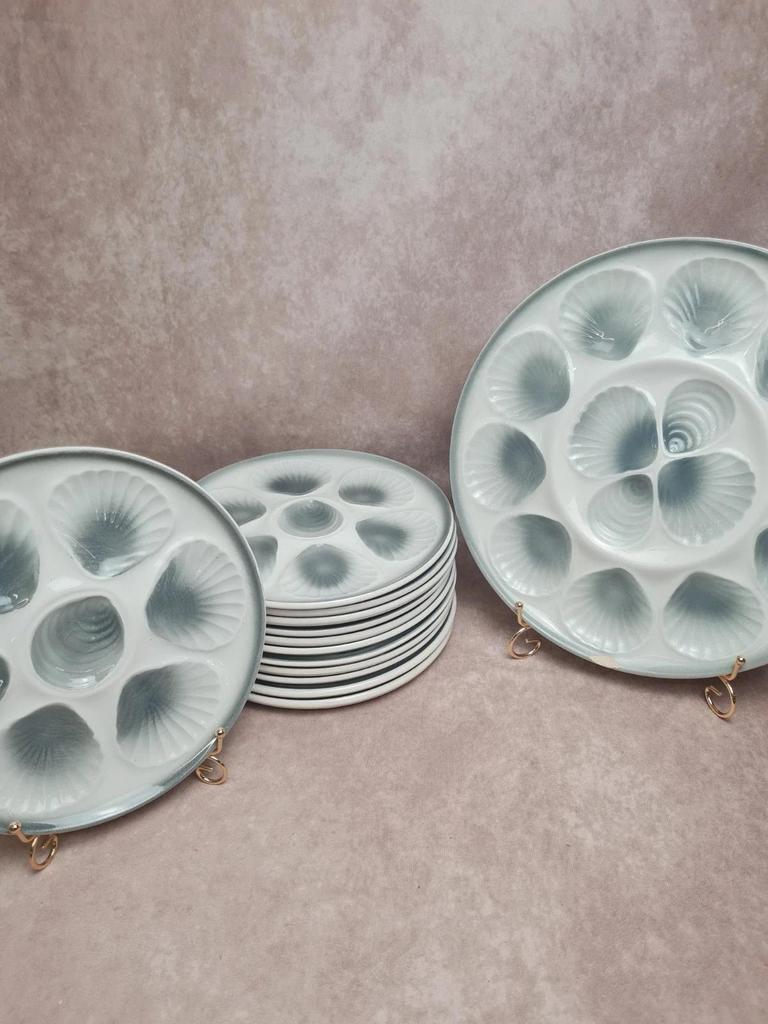 Lot 12 assiettes à huîtres + plat Moulin des Loups – service ancien bleu gris 🌊🦪