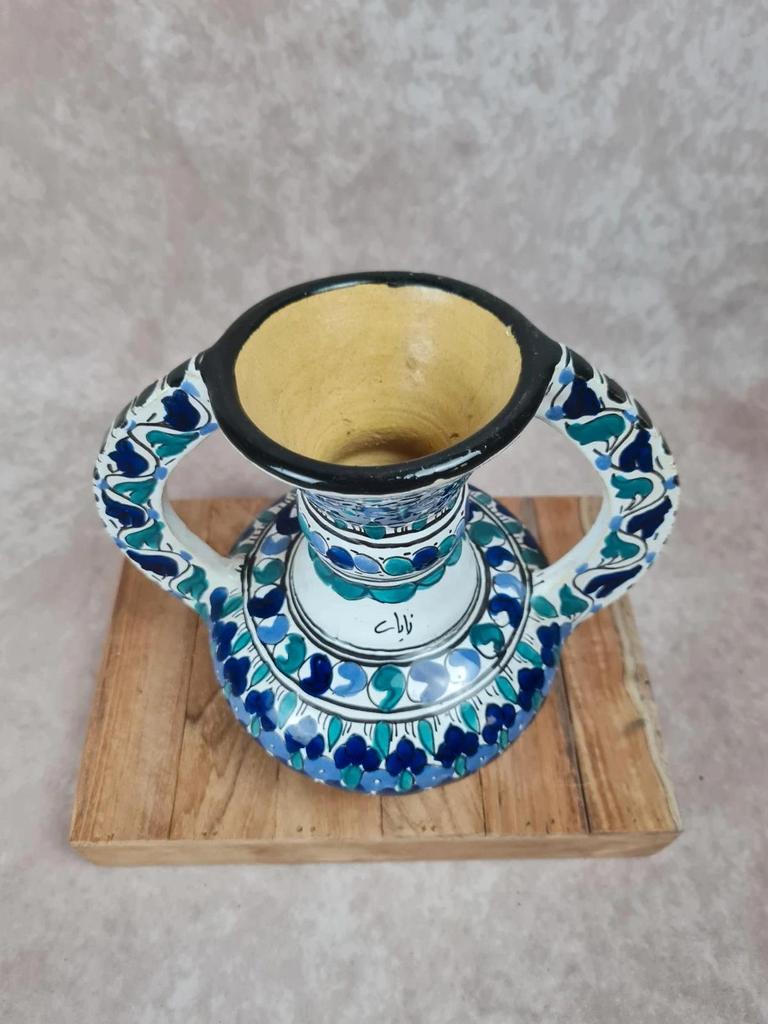 🌿 Vase artisanal en faïence marocaine signé – décor bleu & vert 🌿
