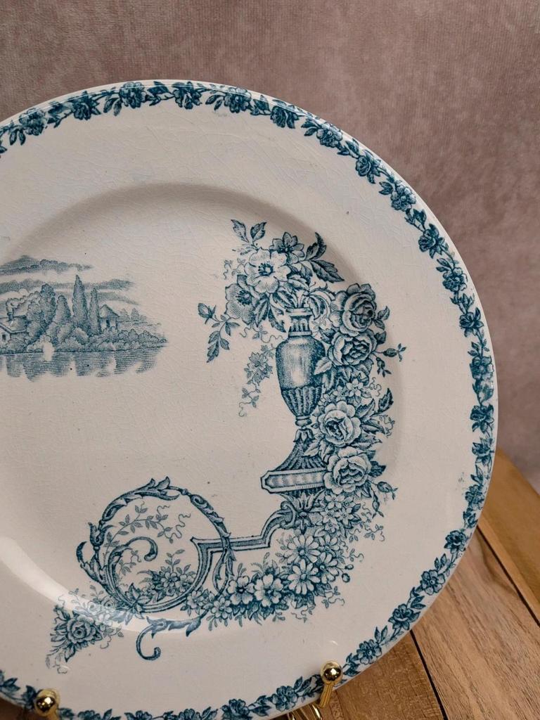 Assiette à dessert terre de fer Clairefontaine Buffon bleu décor paysage ancien