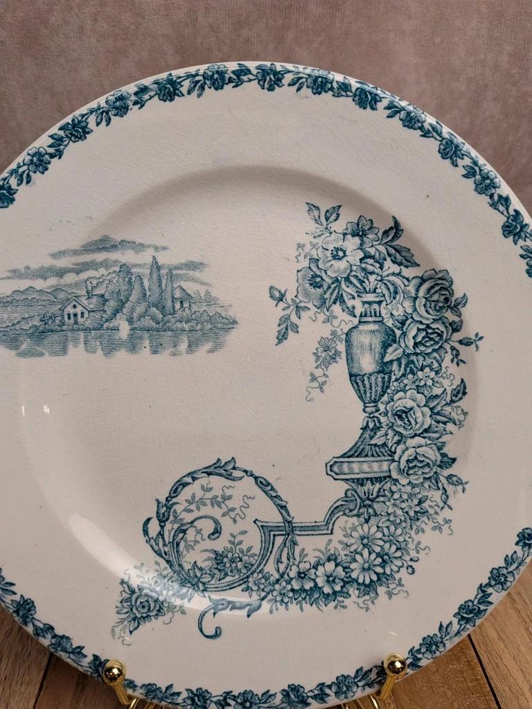 Assiette à dessert terre de fer Clairefontaine Buffon bleu décor paysage ancien