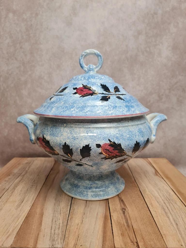 Soupière ancienne Gien décor chardons bleu moucheté terre de fer 🍲🌿