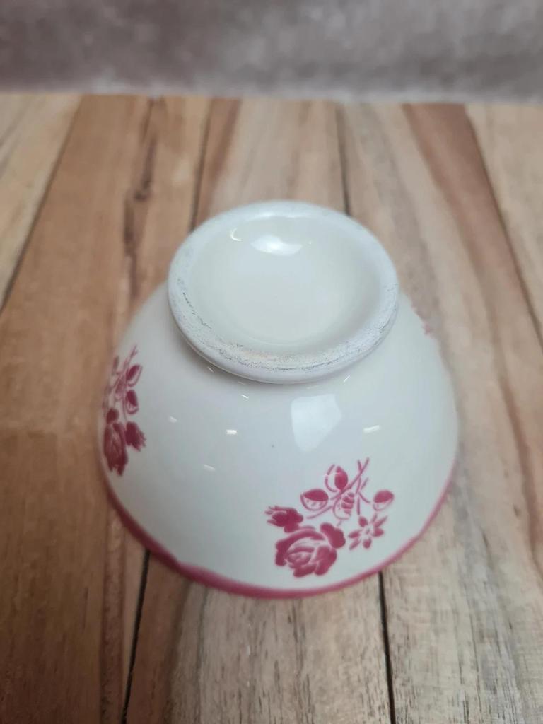Petit bol ancien de dinette en faïence 🌸 décor floral rose – charme rétro
