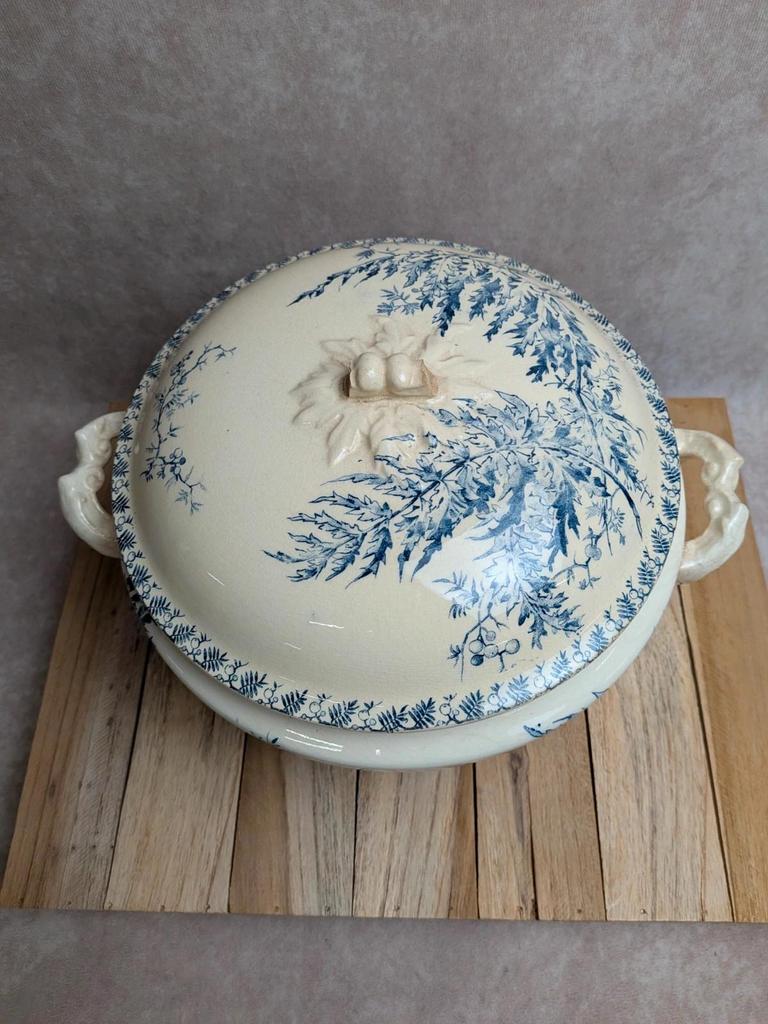 Soupière ancienne en terre de fer Gien – Modèle Fougère – Décor bleu