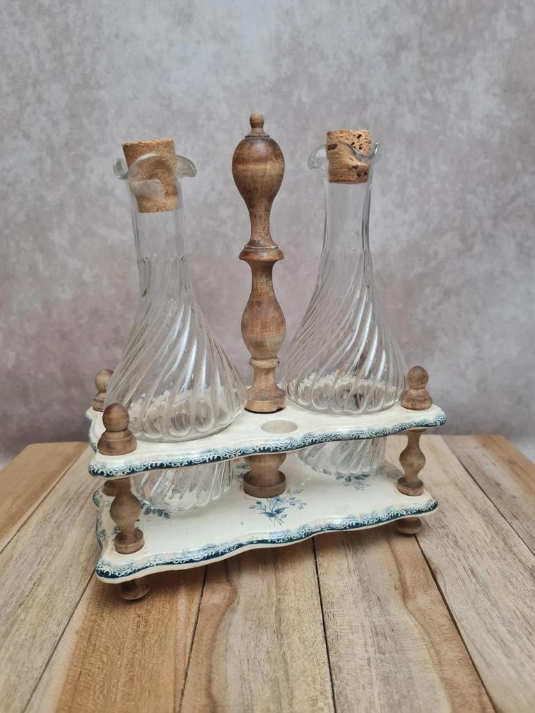 Serviteur huile vinaigre ancien Terre de Fer attribué Gien décor floral bleu 💙