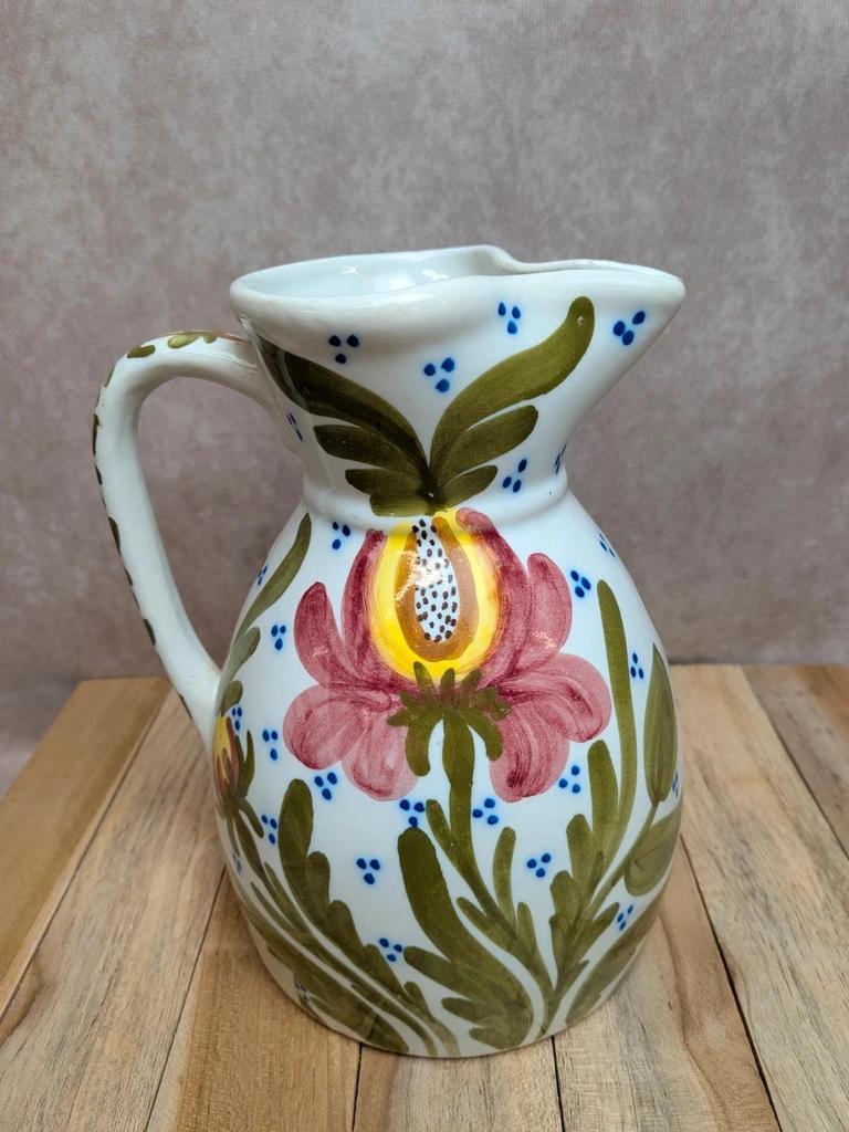 Pichet ancien en faïence décor floral peint main – esprit campagne