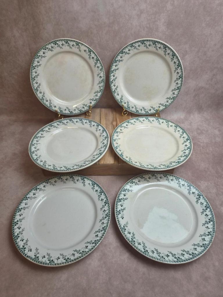 Lot de 6 assiettes plates terre de fer Gien Montigny – décor vert ancien