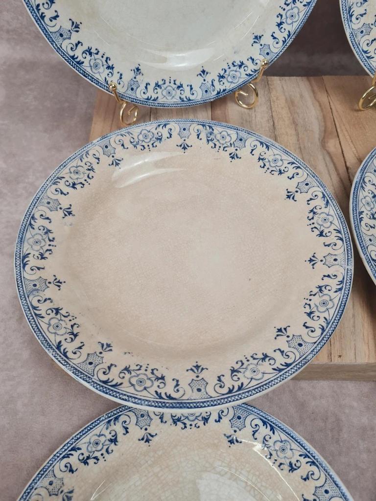 Lot de 6 assiettes plates anciennes Creil et Montereau, Service La Vallières, 23 cm