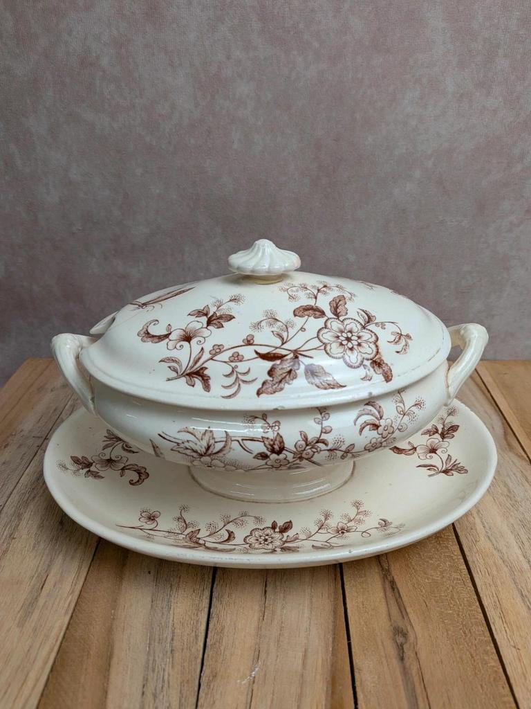 Saucière ancienne en terre de fer Salins – Décor libellule sépia – Avec couvercle