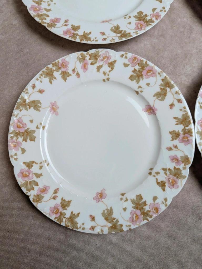 Lot de 6 assiettes vintage en porcelaine française – décor floral rose