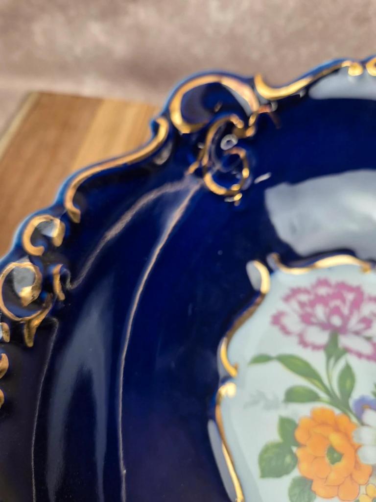 Saladier vintage en porcelaine Porfin Cluj-napoca – bleu cobalt et doré