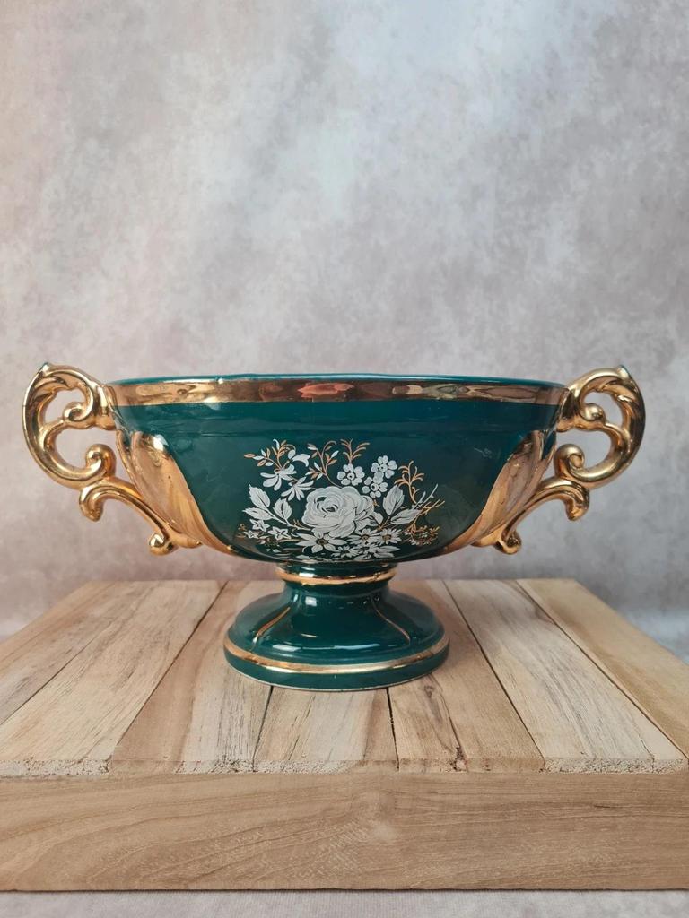 Coupe sur pied vintage italienne Cal vert profond & dorures – centre de table élégant 🌿💛