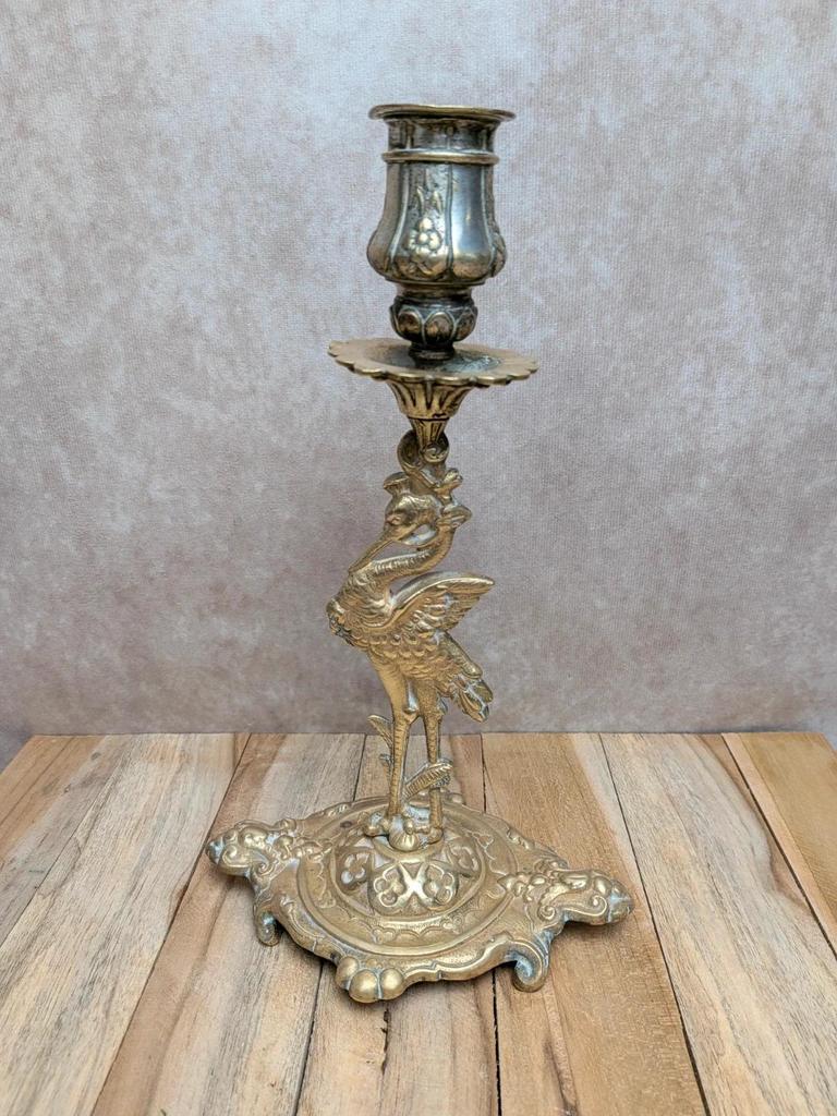 Bougeoir ancien en laiton héron – style Art Nouveau orientaliste