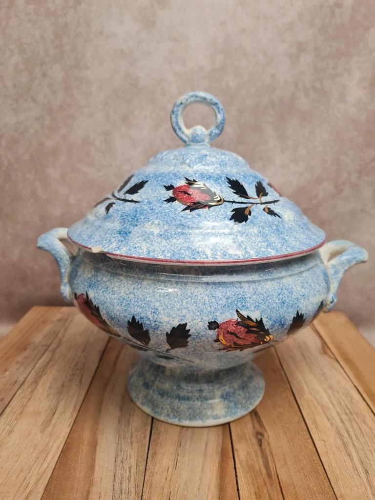Soupière ancienne Gien décor chardons bleu moucheté terre de fer 🍲🌿