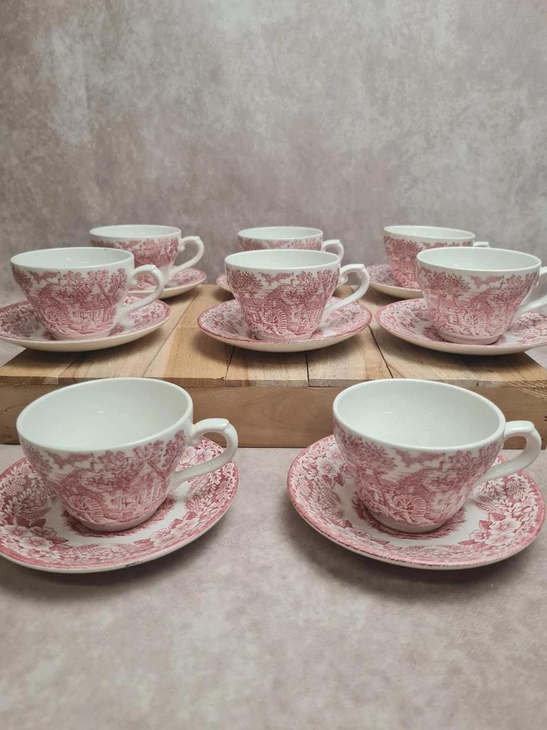 Lot 8 tasses + soucoupes vintage toile de Jouy rouge, Broadhurst Staffordshire