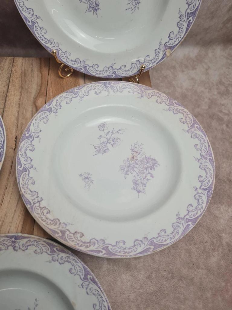 Lot 5 assiettes creuses Terre de Fer Creil & Montereau Service Louis Xv lilas rare