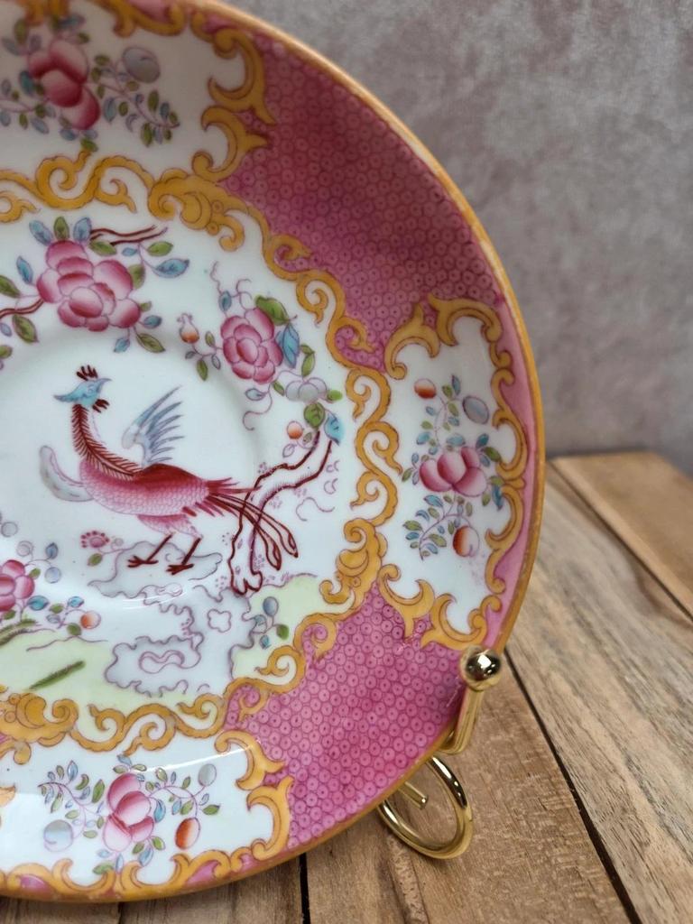 Sous-tasse ancienne Minton English Porcelain – décor oiseaux & fleurs roses – anglaise