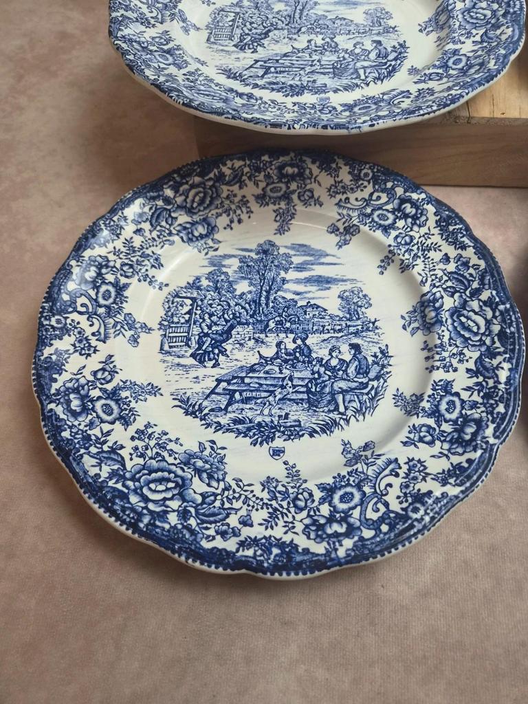 Lot de 6 assiettes plates décor Toile de Jouy bleu – Style Lunéville / campagne romantique