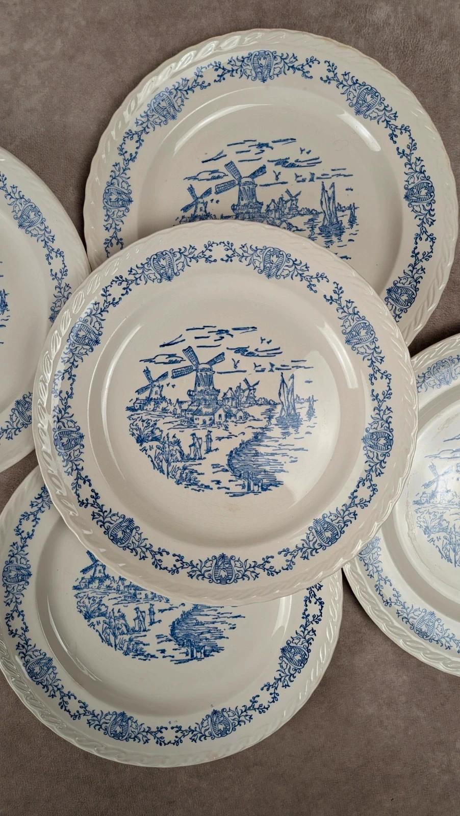 Lot de 6 assiettes plates anciennes Rotterdam décor bleu moulin