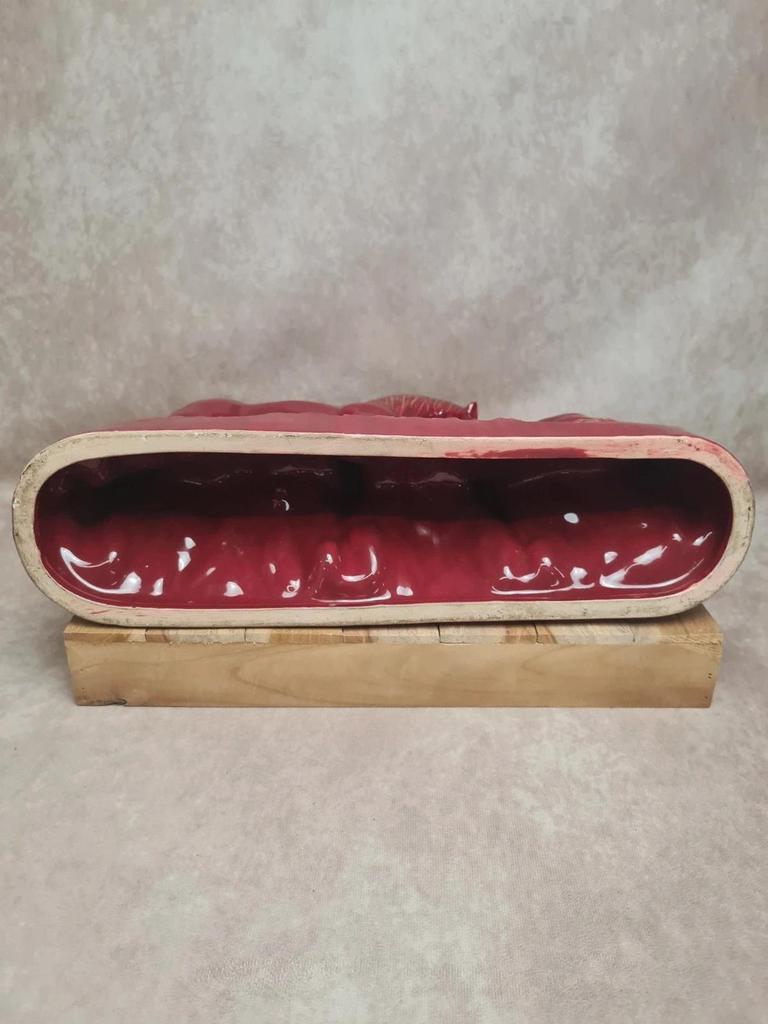 Sculpture vintage jument & poulain signée Jean – céramique rouge et dorure