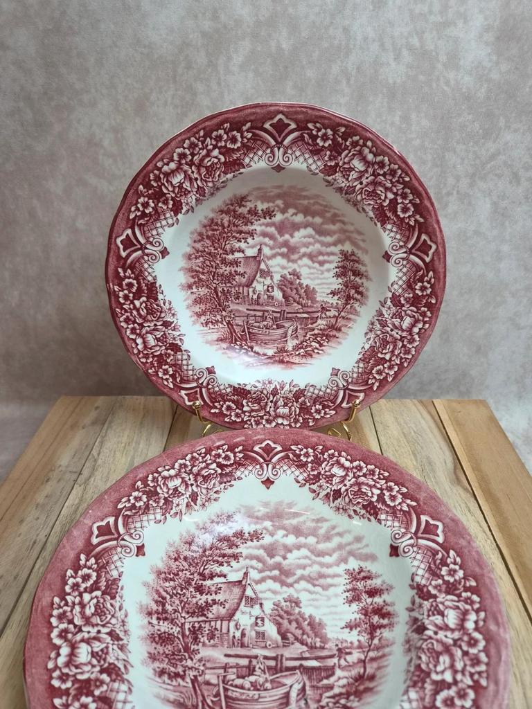 2 assiettes creuses vintage toile de Jouy rouge Grindley Homeland Staffordshire Angleterre