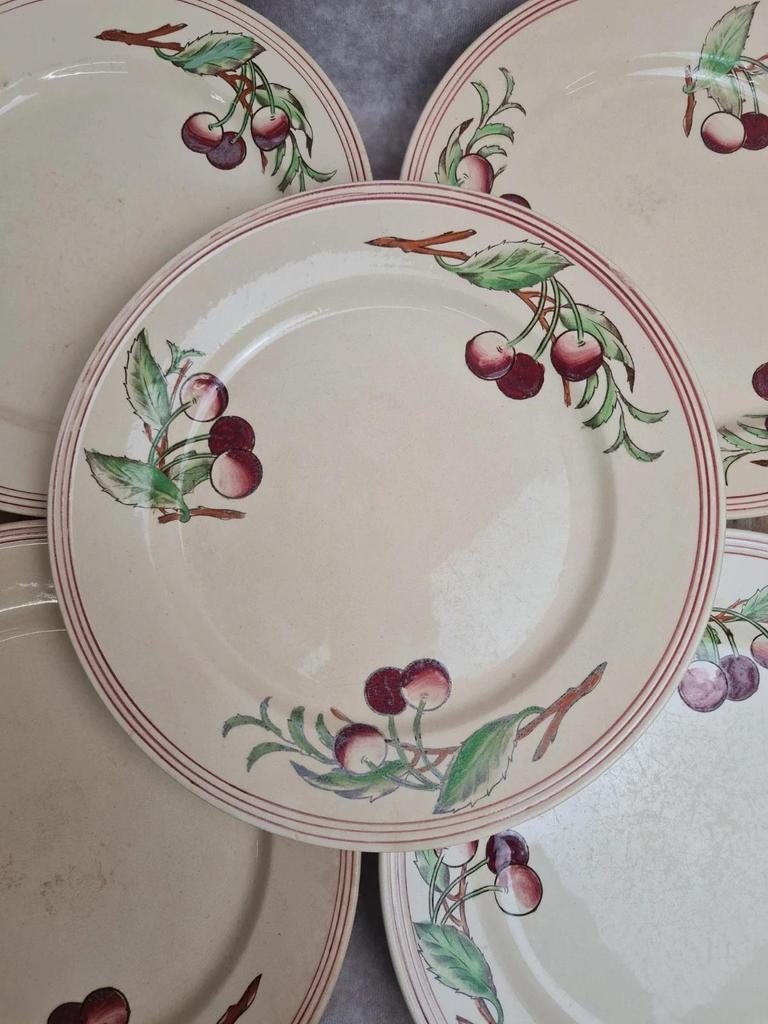 Lot de 6 assiettes plates Boch La Louvière Belgique modèle 2460 décor cerises polychrome