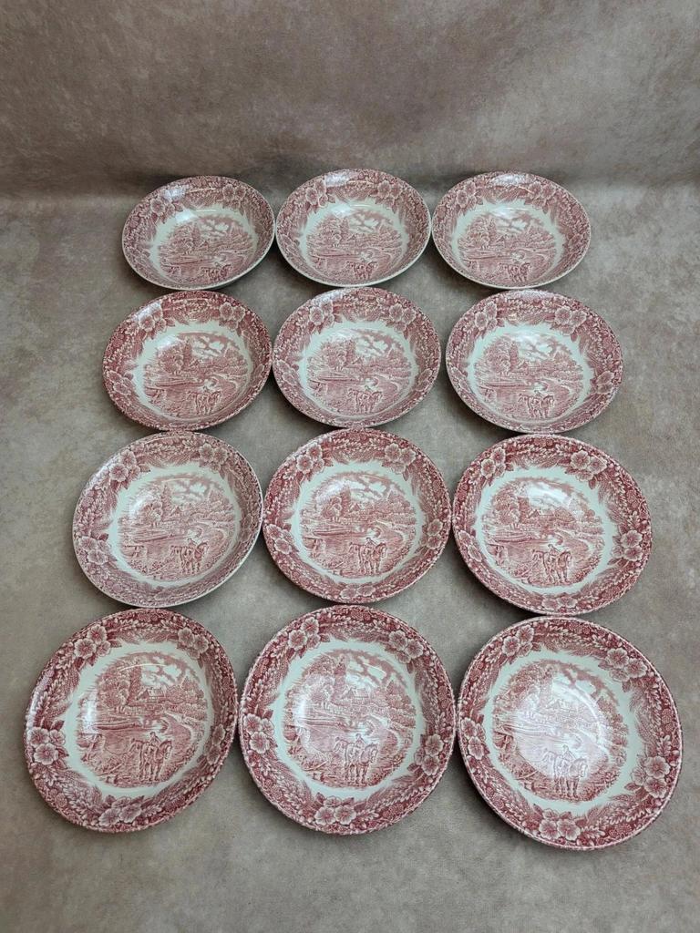 Coupelles anglaises terre de fer Broadhurst Staffordshire toile de Jouy rouge
