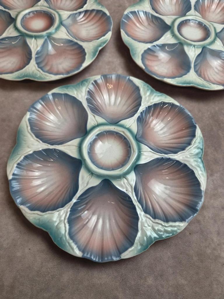 Lot de 5 assiettes à huîtres Digoin Sarreguemines n°32 – Majolique ancienne
