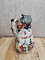 Pichet ancien japonisant Xixe couvercle étain décor Imari