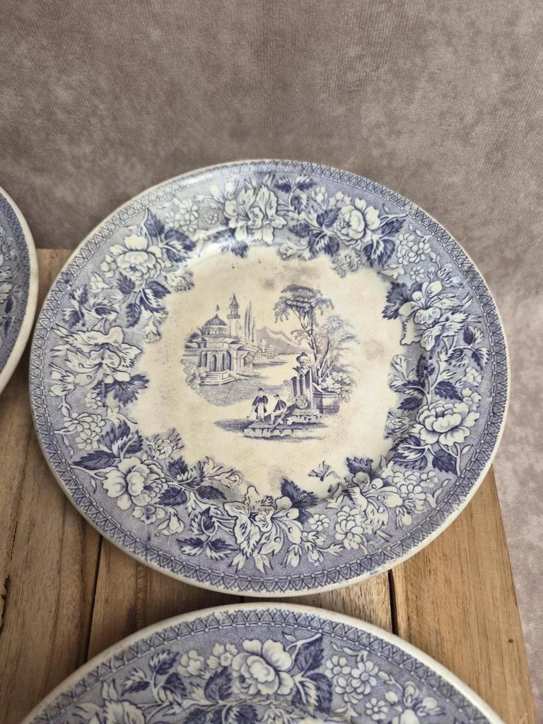 Lot de 8 assiettes à dessert anciennes anglaises J. Marshall & Co Bosphorus faïence violette Xixe