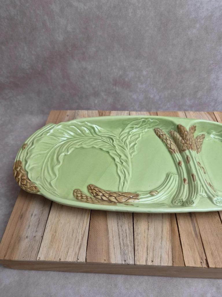 Plat à asperges ancien en barbotine – Plateau avec égouttoir amovible
