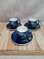 Service café vintage Digoin Sarreguemines bleu cobalt – 3 tasses + 3 soucoupes fleuries 🌼