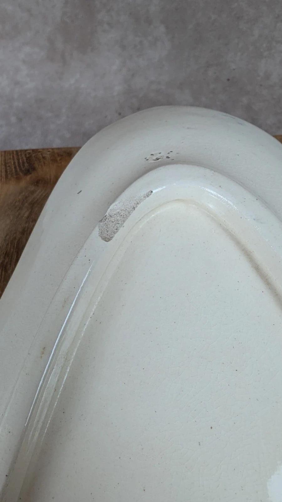 Ancienne saucière Salins – décor bleu sur faïence blanche