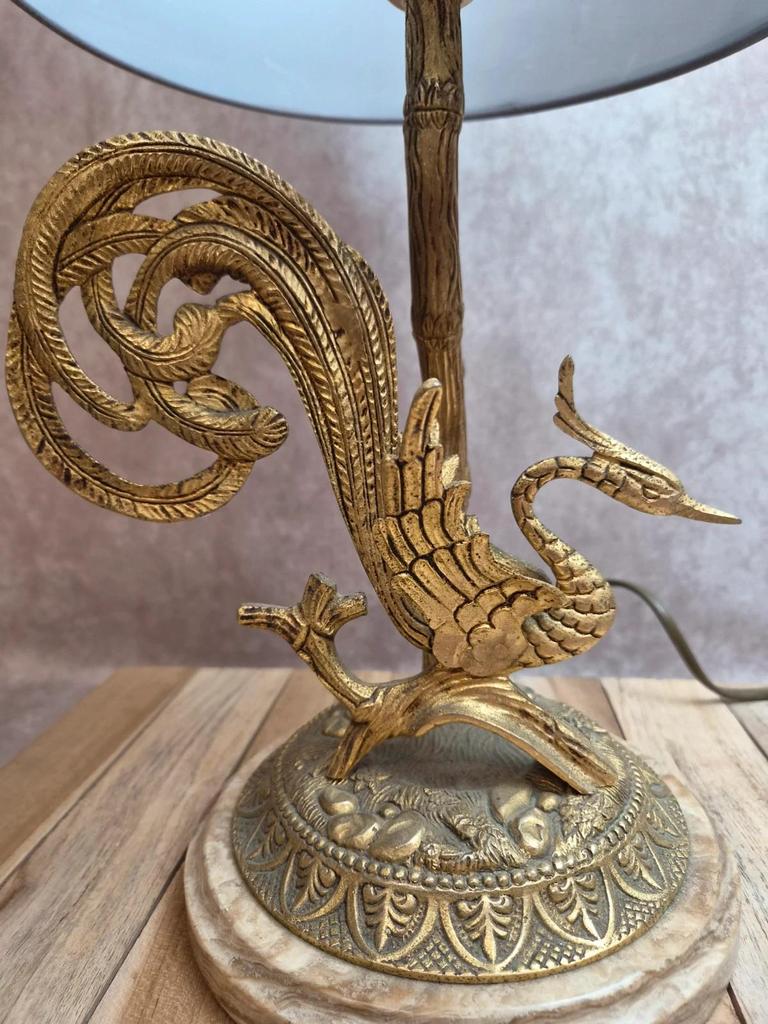 Grande lampe vintage en laiton moulé – Phénix – socle en onyx – années 60/70
