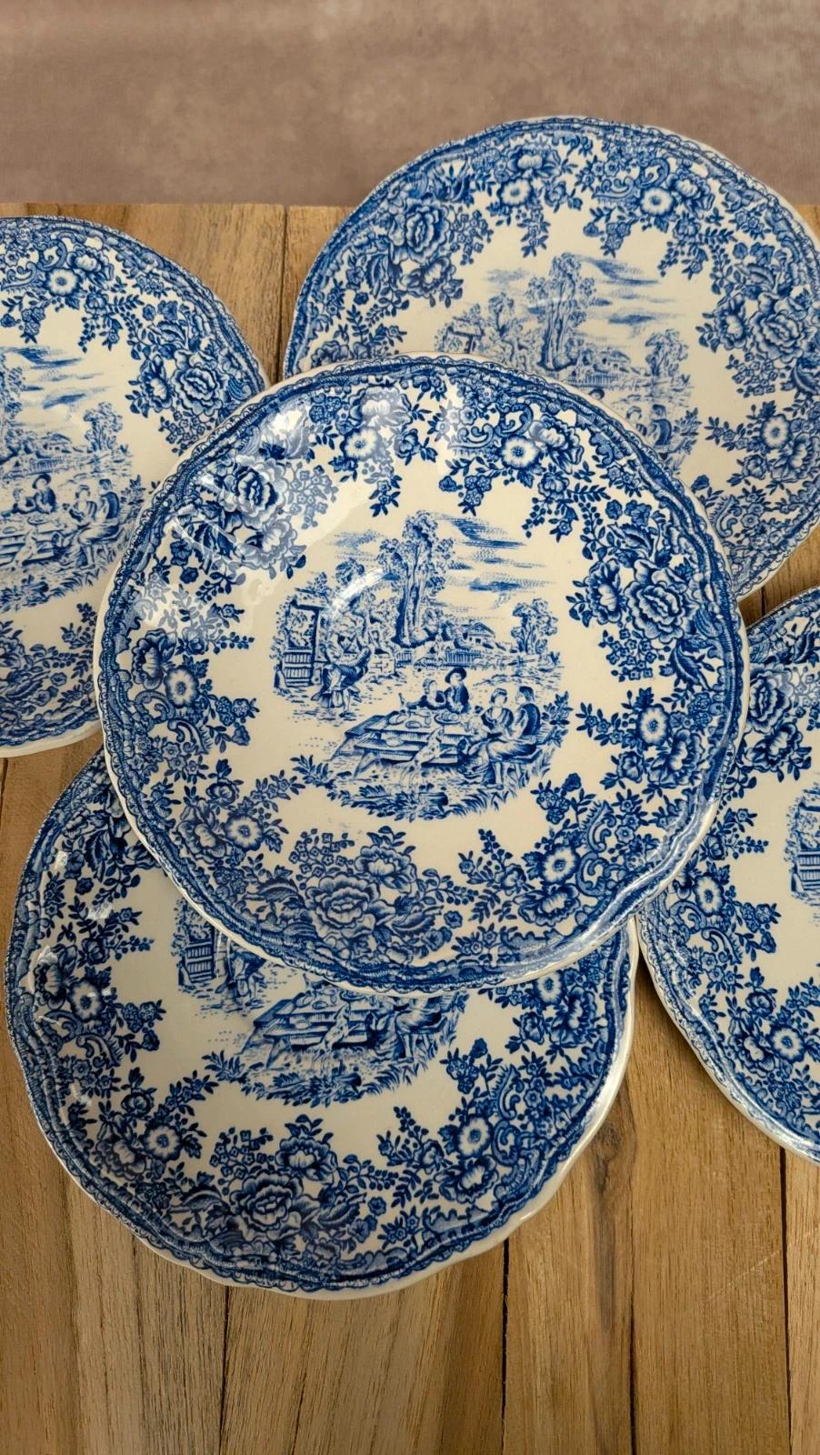 5 soucoupes Lunéville Kg modèle Toile de Jouy bleu –