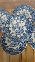 5 soucoupes Lunéville Kg modèle Toile de Jouy bleu –