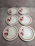 Lot de 6 assiettes plates en terre de fer Longwy – Modèle Viennois – Fleurs rouges