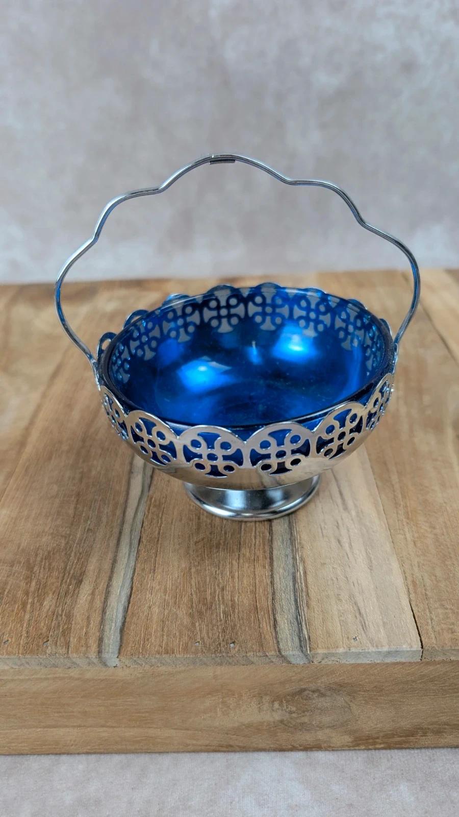 Sucrier vintage en métal argenté & verre bleu cobalt