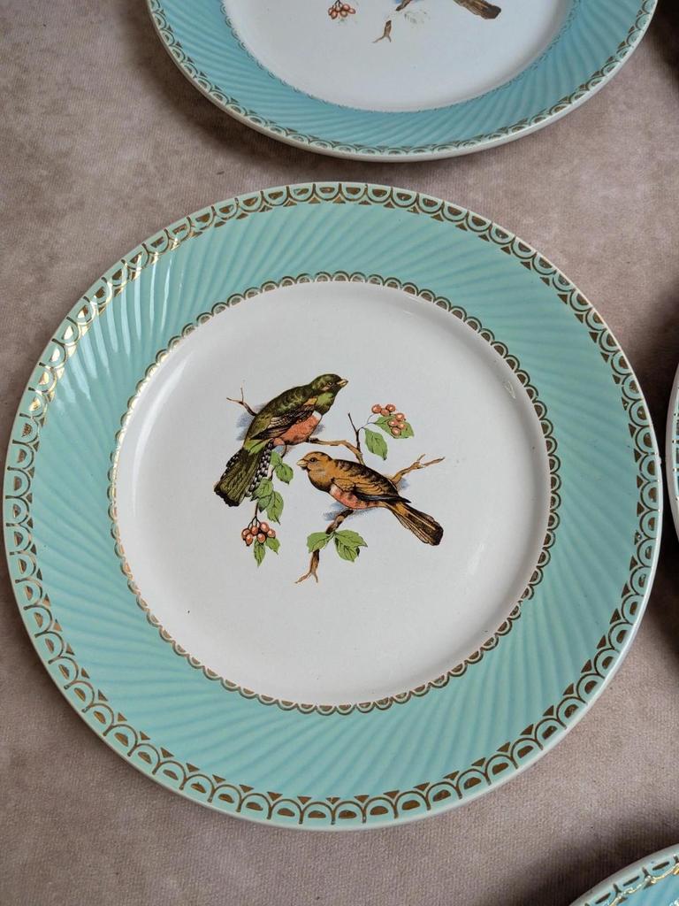 Lot de 8 assiettes plates vintage Badonviller – Décor oiseaux, vert menthe et dorure